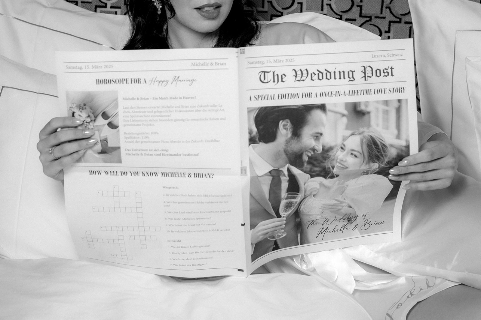 individuelle Hochzeitszeitung 4-seitig mit eigenen Fotos, persönlichen Geschichten und Rätseln für die Gäste