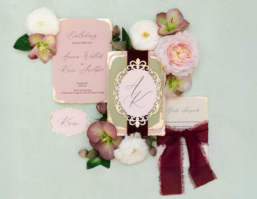 Luxuriöse Hochzeitseinladung auf handgeschöpftem Papier, Blattgold, Samtband, mit individuellem Hochzeitslogo, handgeschöpftem Papier und Farben passend zum Brautstrauss