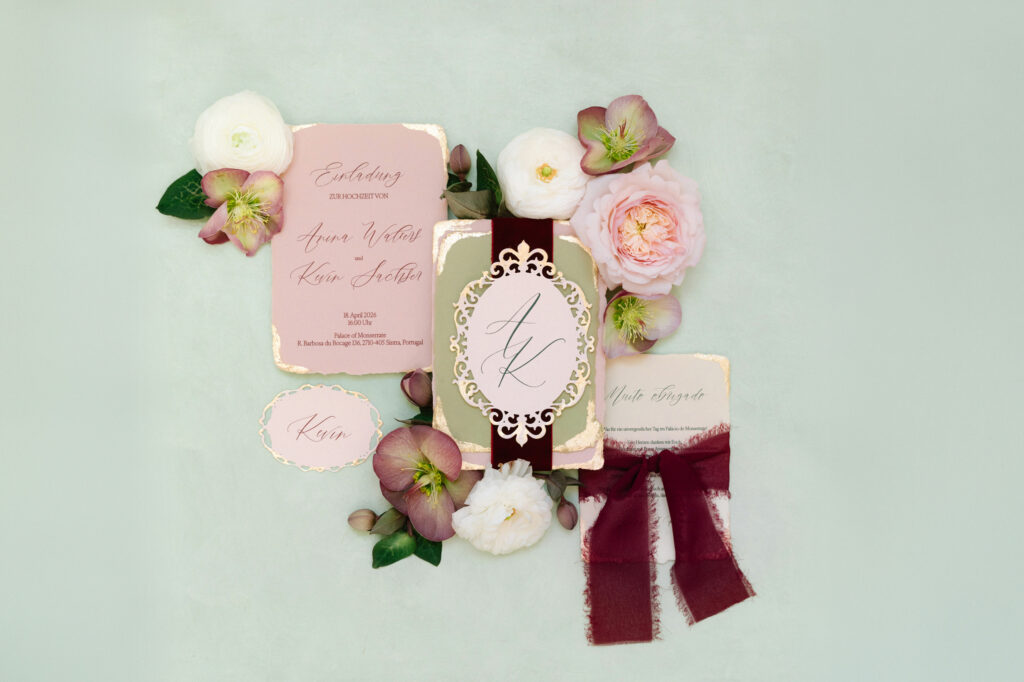 Luxuriöse Hochzeitseinladung auf handgeschöpftem Papier, Blattgold, Samtband, mit individuellem Hochzeitslogo, handgeschöpftem Papier und Farben passend zum Brautstrauss