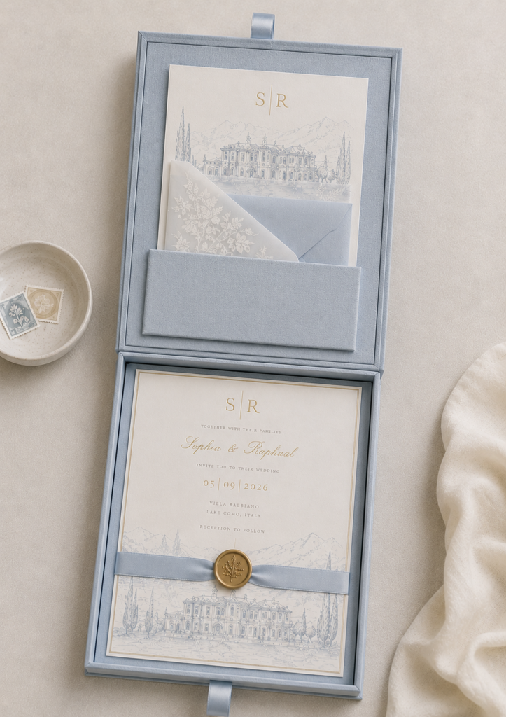 Hochwertige Hochzeitseinladungsbox aus blauem Samt