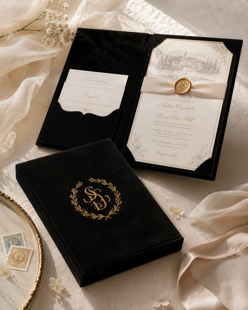 Luxuriöse Hochzeitseinladungsbox aus schwarzem Samt mit Hochzeitslogo in Goldprägung