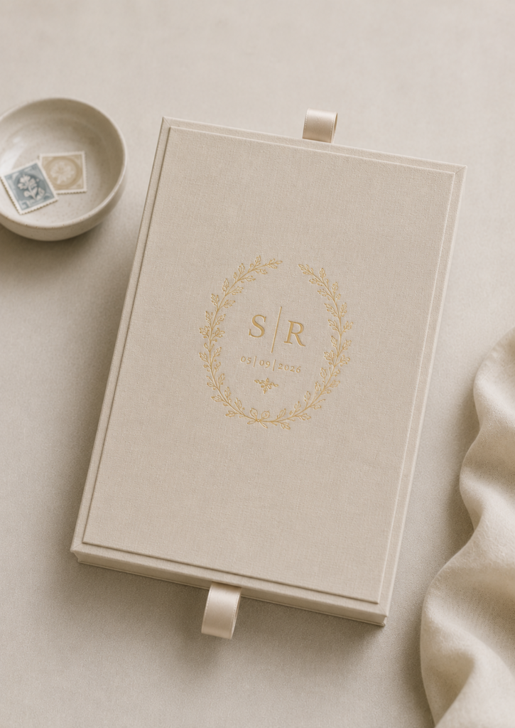Luxuriöse Hochzeitseinladungsbox aus beigem Samt mit Hochzeitslogo in Goldprägung