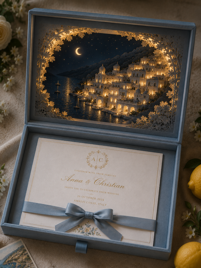Luxuiröse Hochzeitseinladungsbox aus Samt mit Beleuchtung