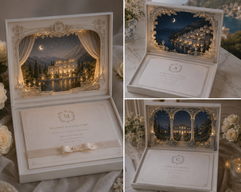 Luxuiröse Hochzeitseinladungsbox aus Samt mit 3D-Layering und Beleuchtung