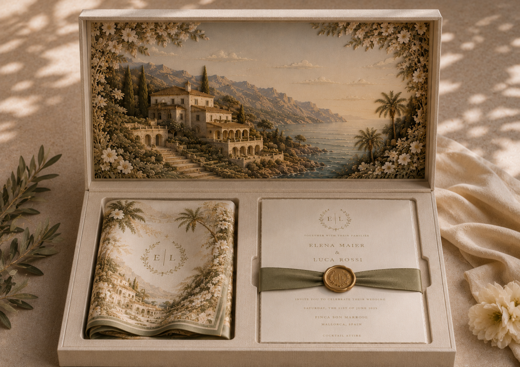Luxuiröse Hochzeitseinladungsbox aus Samt mit Seidentuch als Geschenk für die Gäste