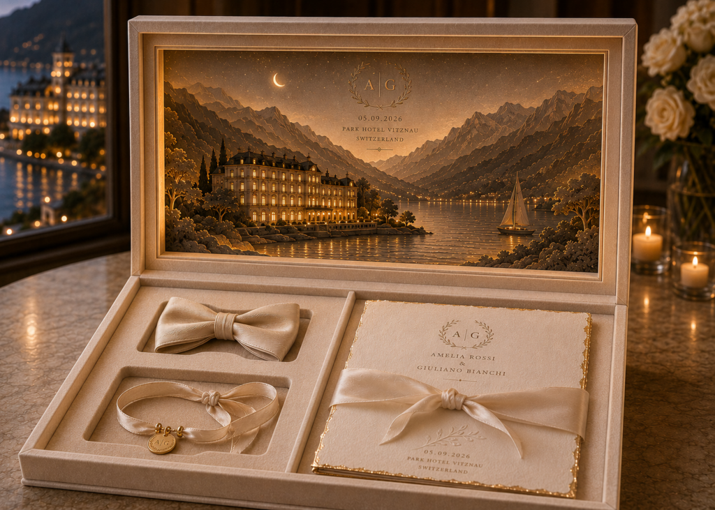 Luxuiröse Hochzeitseinladungsbox mit Beleuchtung aus Samt mit Gastgeschenken