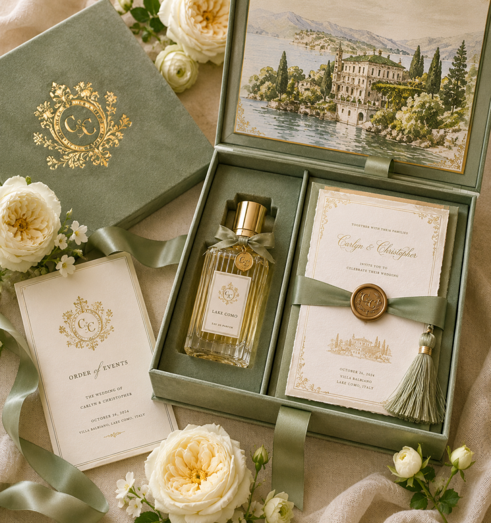 Luxuiröse Hochzeitseinladungsbox aus Samt mit Individuellem Parfum passend zur Location, mit Illustration der Location und Einladung auf handgeschöpften Papier